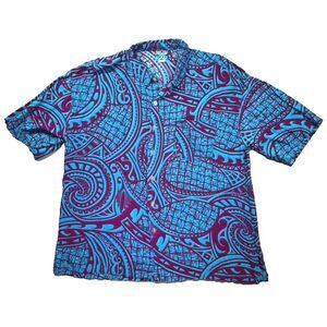 Da Edge Hawaiian Shirt Mens 3XL Tiki Geometric‎ Surf Beach Aloha Tribal Blue Y2K